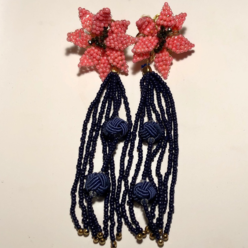 Handmade, pink Flower Beaded with Navy Tassel